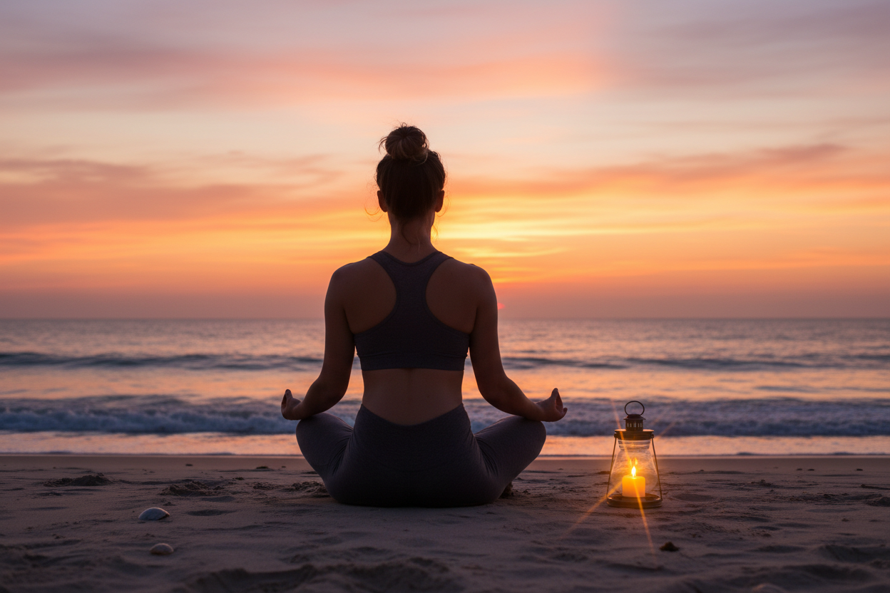 beautiful lady in yoga attire sitting yoga style with her back to us, sitting on beach next a beautiful lit candle and beautiful ocean in front of her with the sunset.