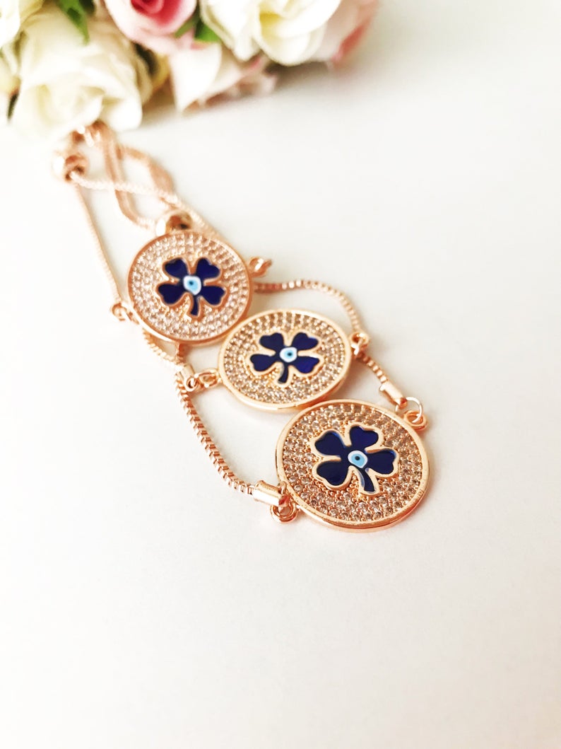 Evil Eye Bracelet, Four Leaf Clover Bracelet, Adjustable Good Luck