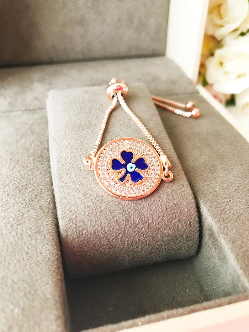Evil Eye Bracelet, Four Leaf Clover Bracelet, Adjustable Good Luck