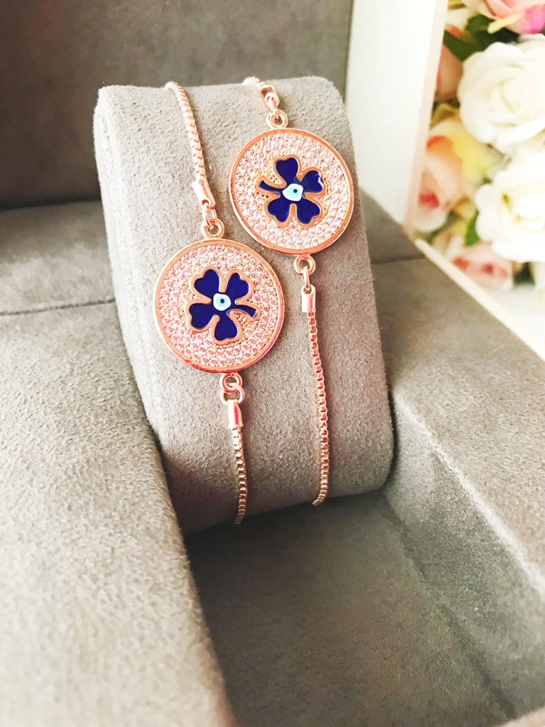 Evil Eye Bracelet, Four Leaf Clover Bracelet, Adjustable Good Luck