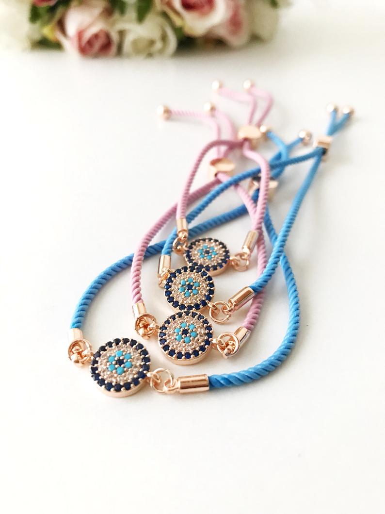 Evil Eye Bracelet, Zircon Evil Eye Bead, Adjustable Pink Blue String