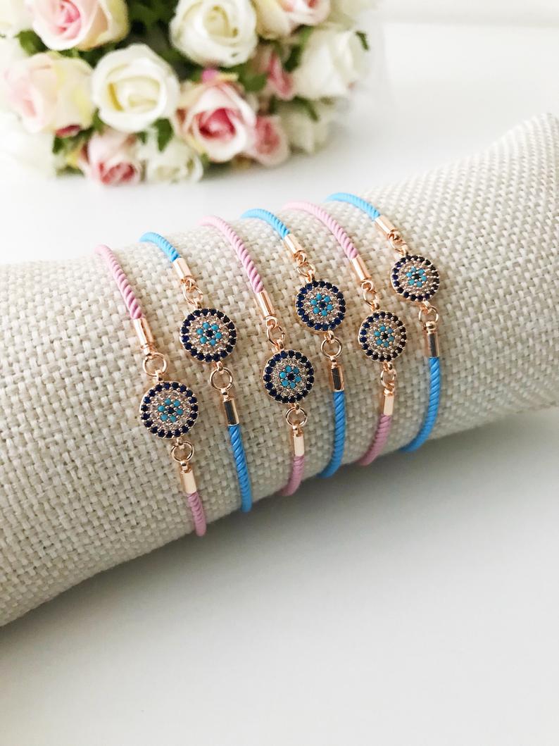 Evil Eye Bracelet, Zircon Evil Eye Bead, Adjustable Pink Blue String