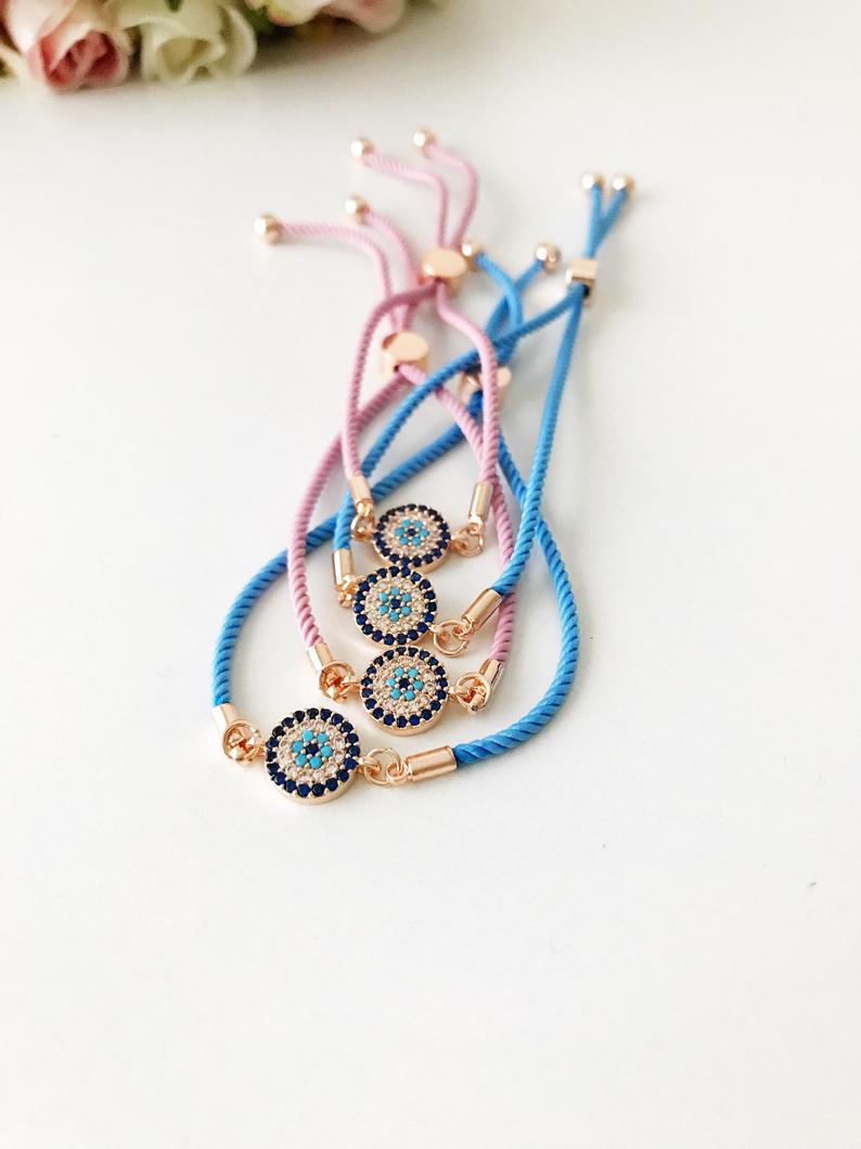Evil Eye Bracelet, Zircon Evil Eye Bead, Adjustable Pink Blue String