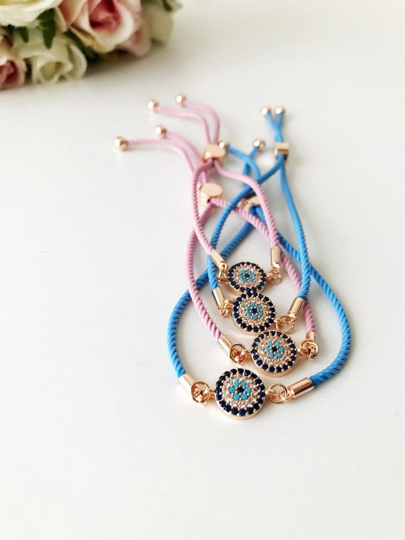 Evil Eye Bracelet, Zircon Evil Eye Bead, Adjustable Pink Blue String