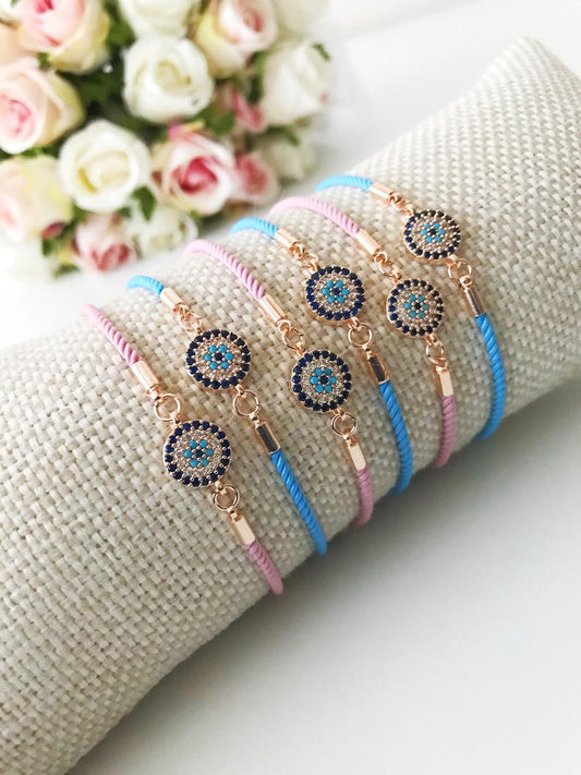 Evil Eye Bracelet, Zircon Evil Eye Bead, Adjustable Pink Blue String