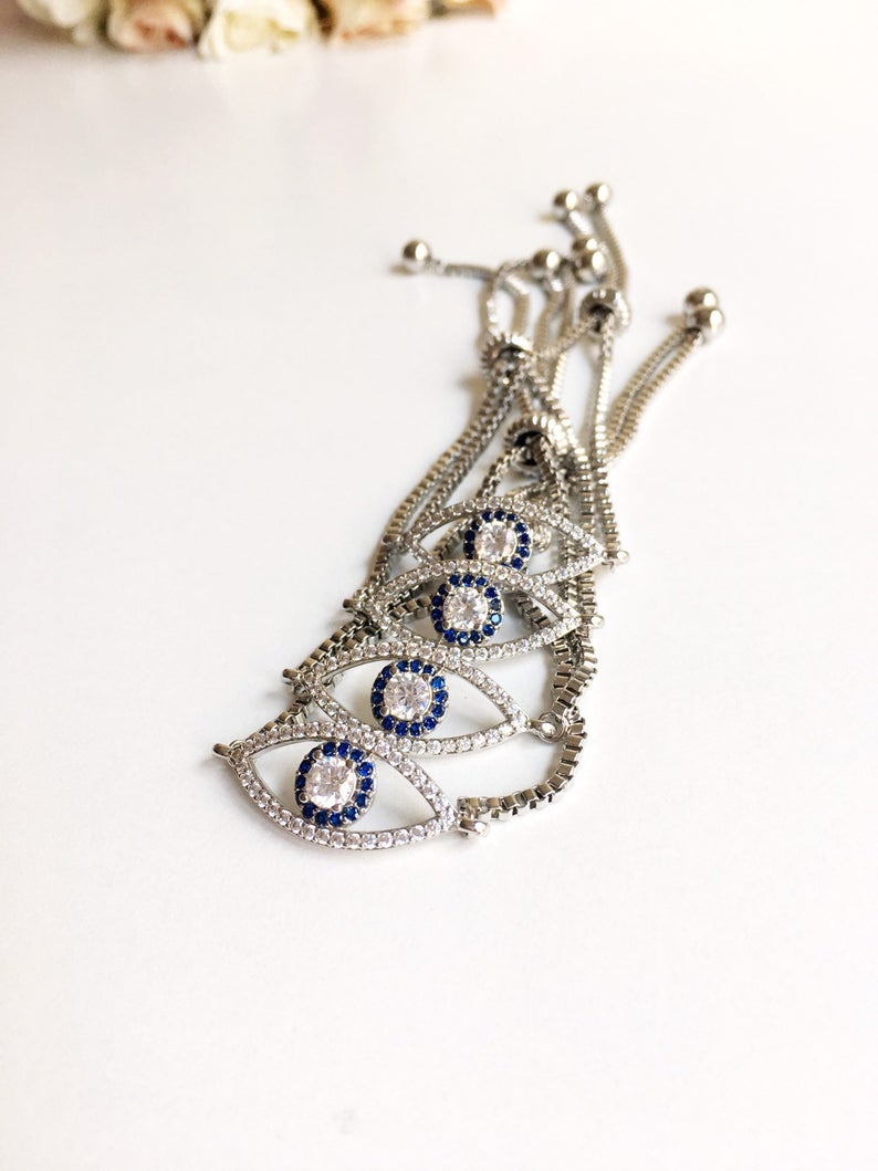 Silver Evil Eye Bracelet, Tulip Charm Bracelet