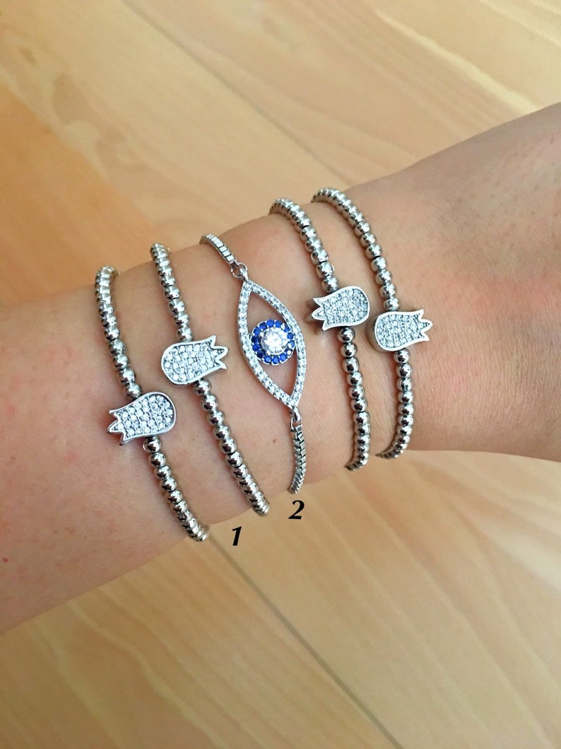 Silver Evil Eye Bracelet, Tulip Charm Bracelet