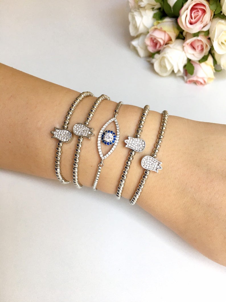 Silver Evil Eye Bracelet, Tulip Charm Bracelet