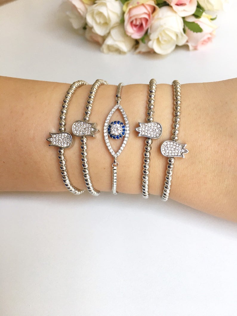 Silver Evil Eye Bracelet, Tulip Charm Bracelet