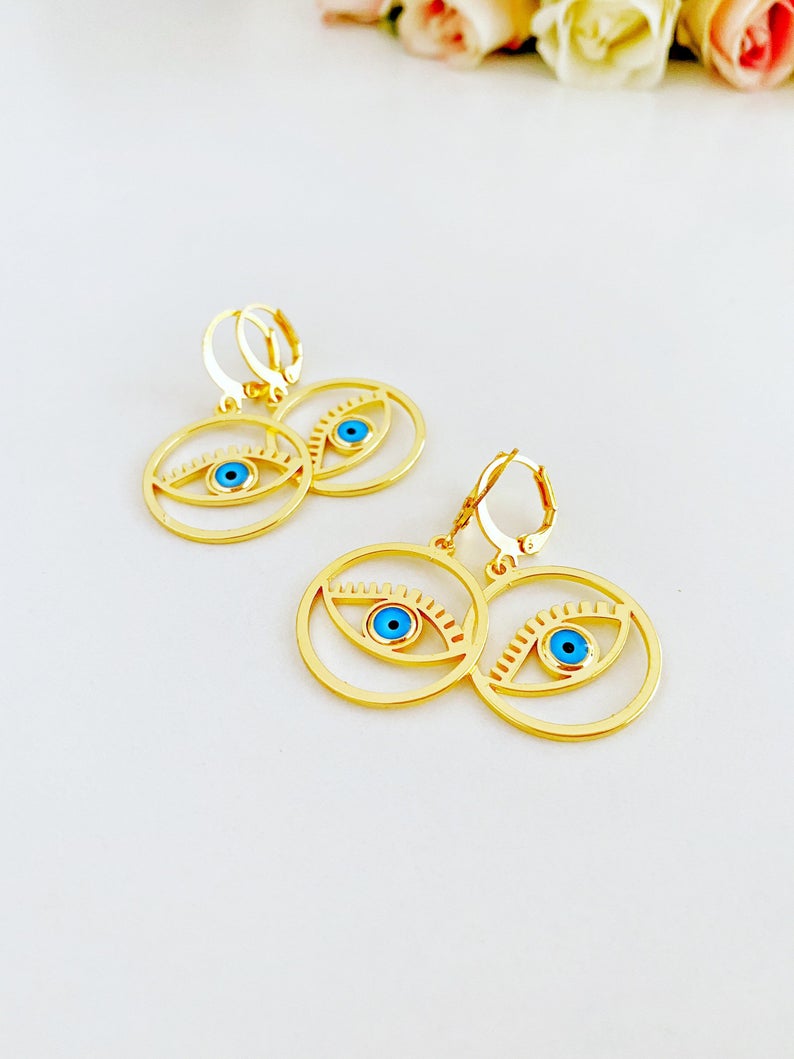 Gold Evil Eye Hoop Earrings, Evil Eye Hoop, Greek Evil Eye