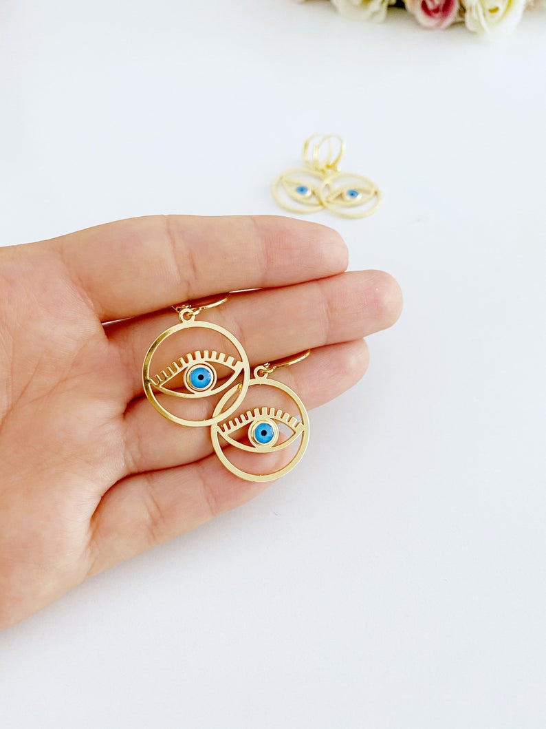 Gold Evil Eye Hoop Earrings, Evil Eye Hoop, Greek Evil Eye