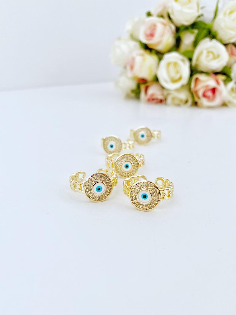 Gold Evil Eye Ring, Curb Chain Ring, Zircon Charm Ring