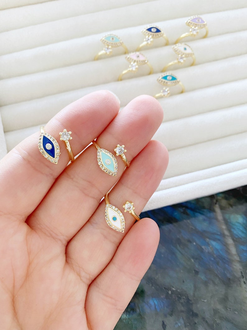 Boho Evil Eye Ring, Adjustable Gold Ring, Minimalist Jewelry, Healing