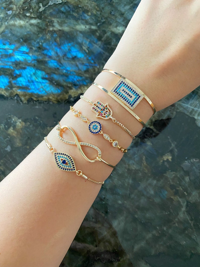 Gold Evil Eye Bracelet, Turkish Evil Eye Jewelry, Cuff Chain