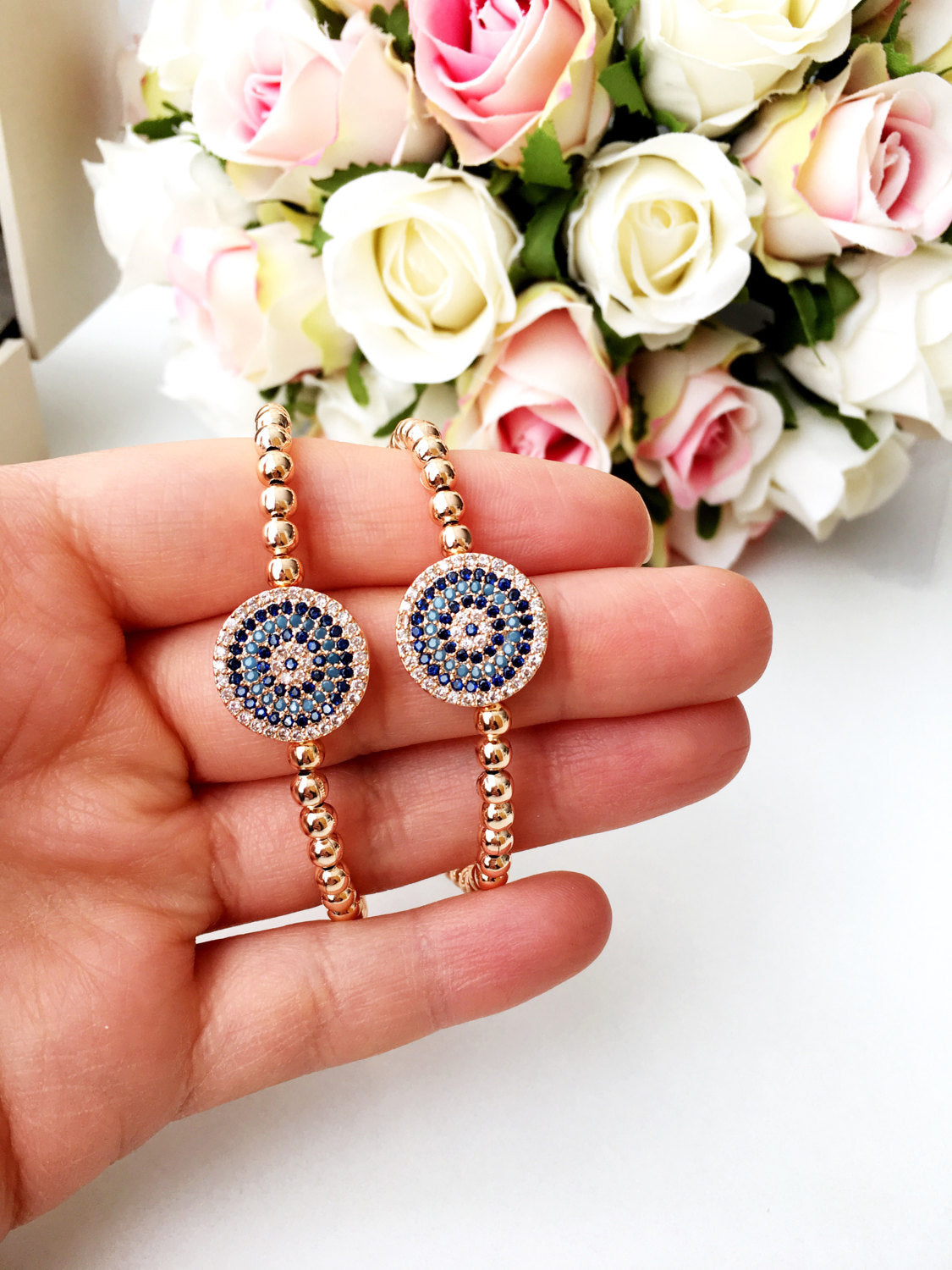 Evil Eye Beaded Bracelet, Rose Gold Adjustable Bracelet