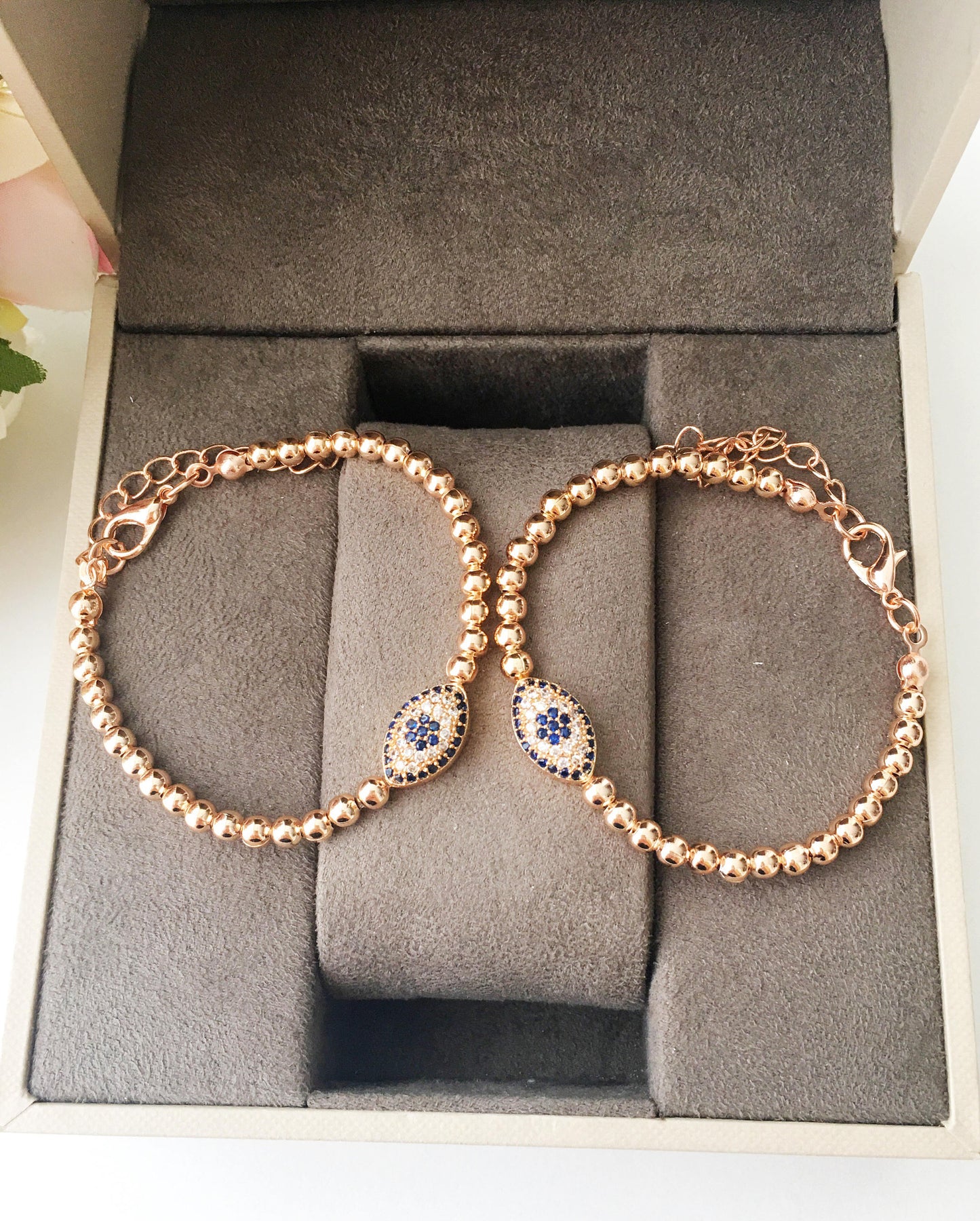 Evil Eye Beaded Bracelet, Rose Gold Adjustable Bracelet