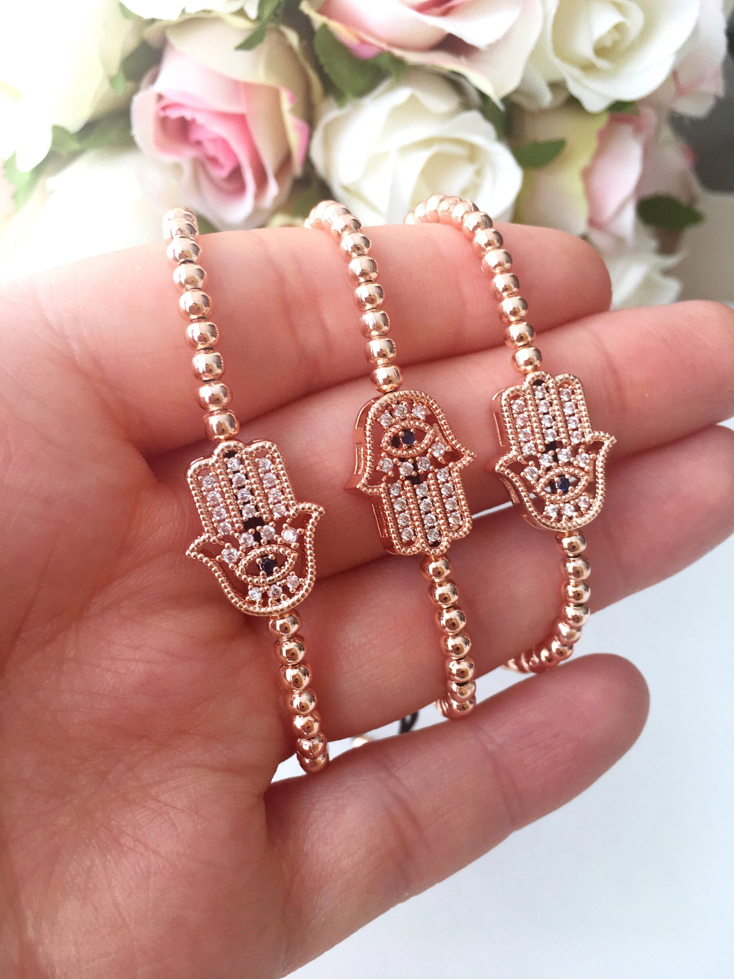 Hamsa Hand Bracelet, Adjustable Lucky Bracelet, Rose Gold Silver