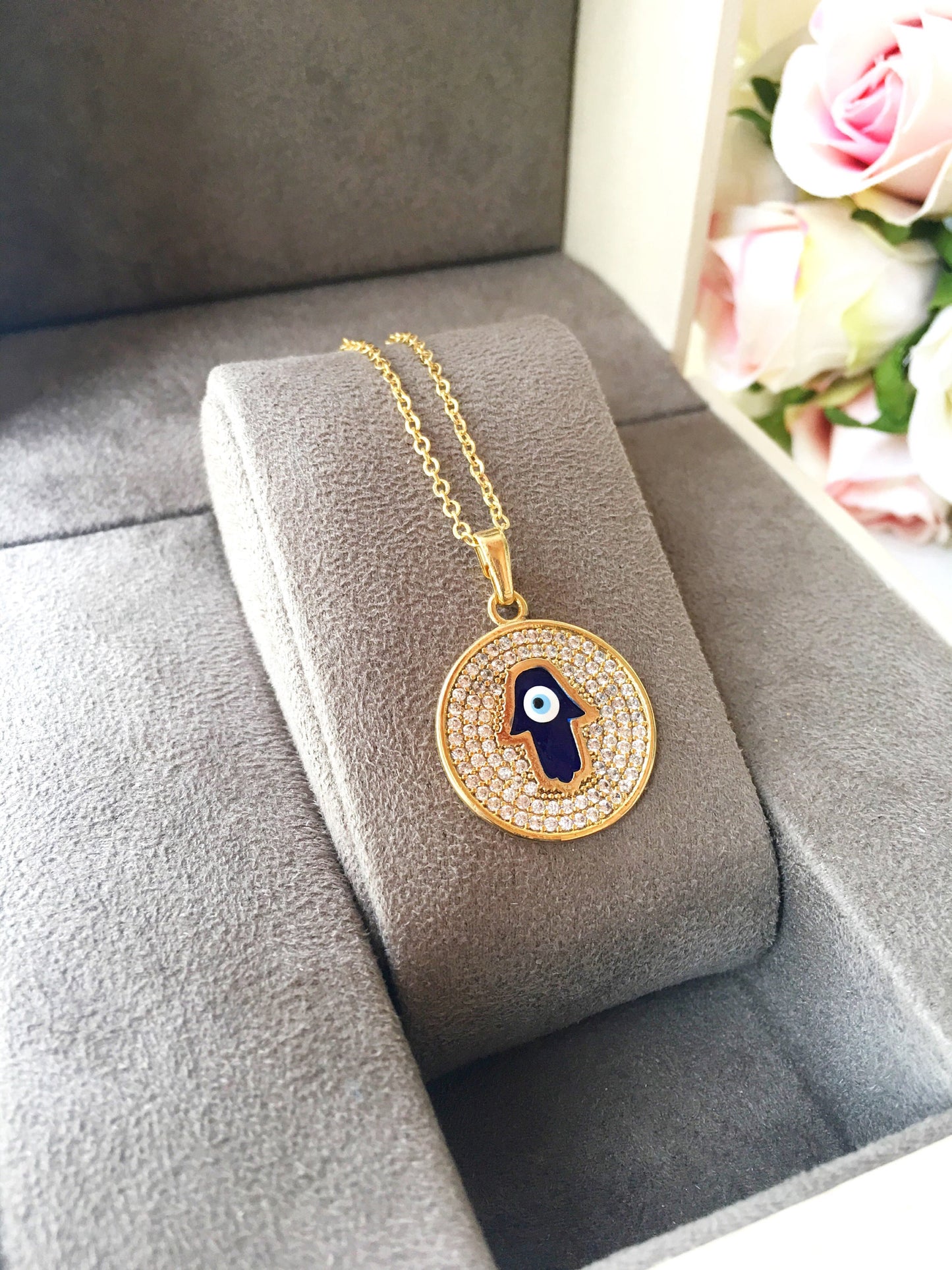 Zircon Evil Eye Necklace with Hamsa Hand