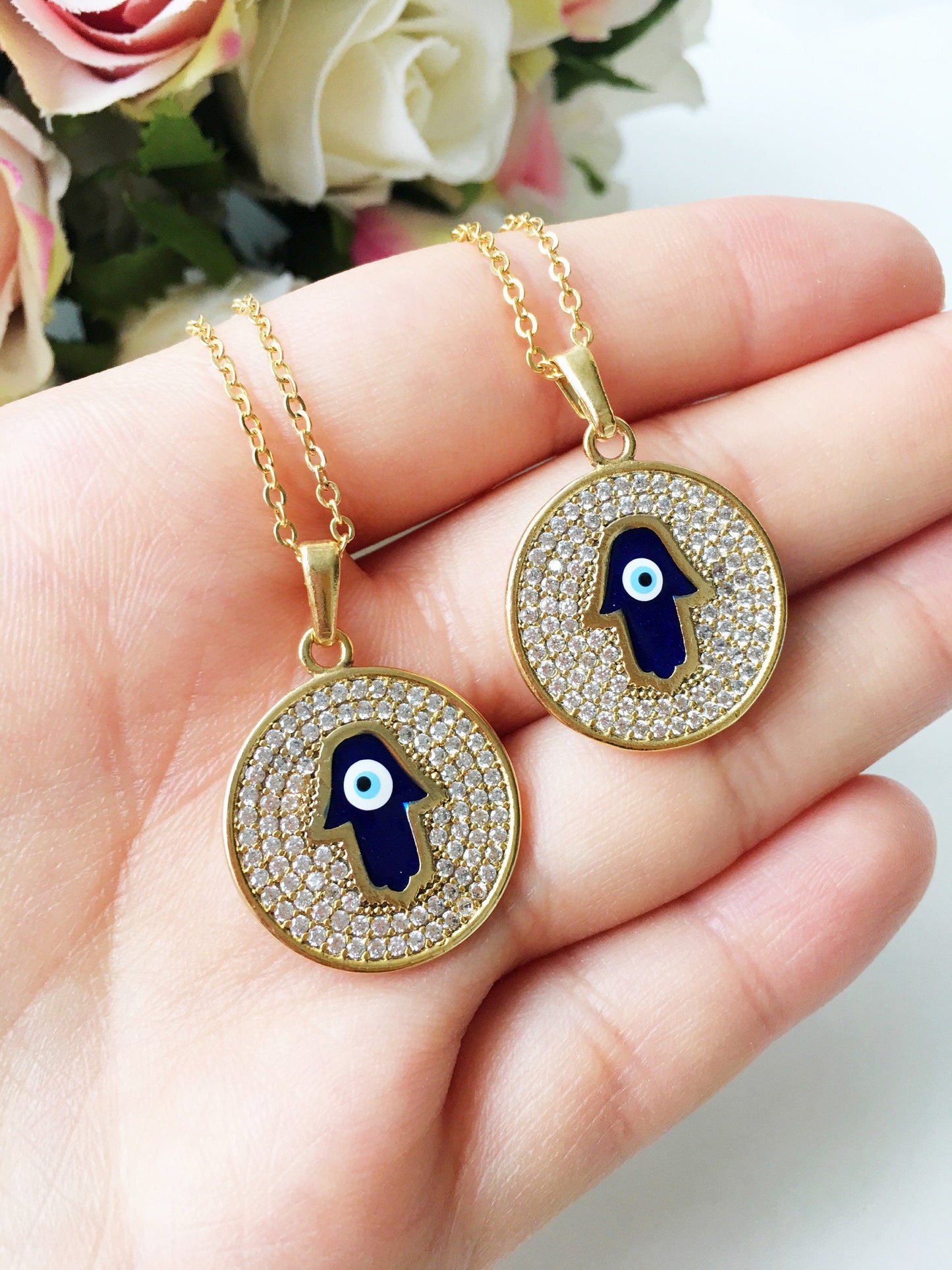 Zircon Evil Eye Necklace with Hamsa Hand