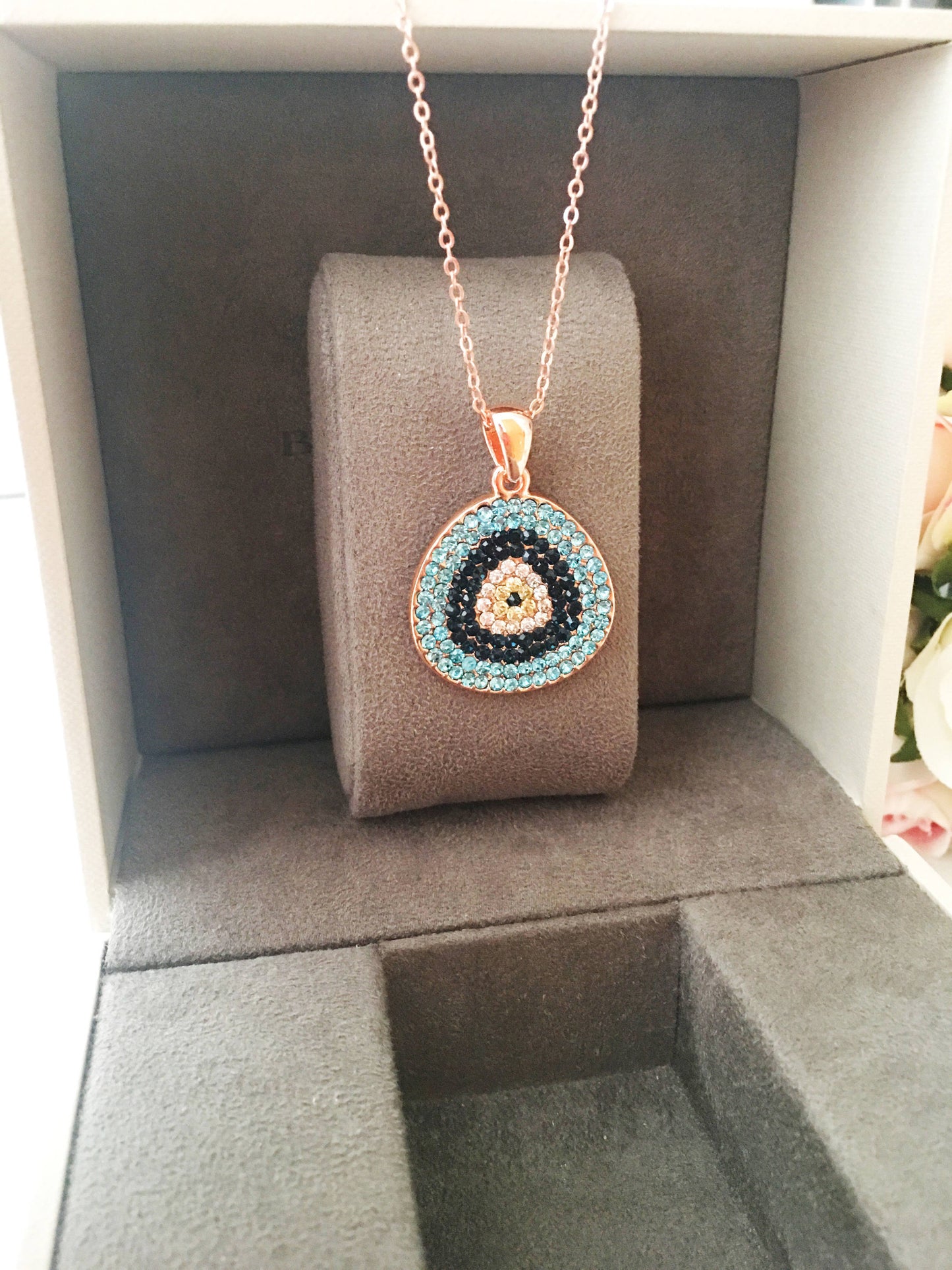 Evil eye necklace, rose gold necklace, evil eye jewelry, zirconia
