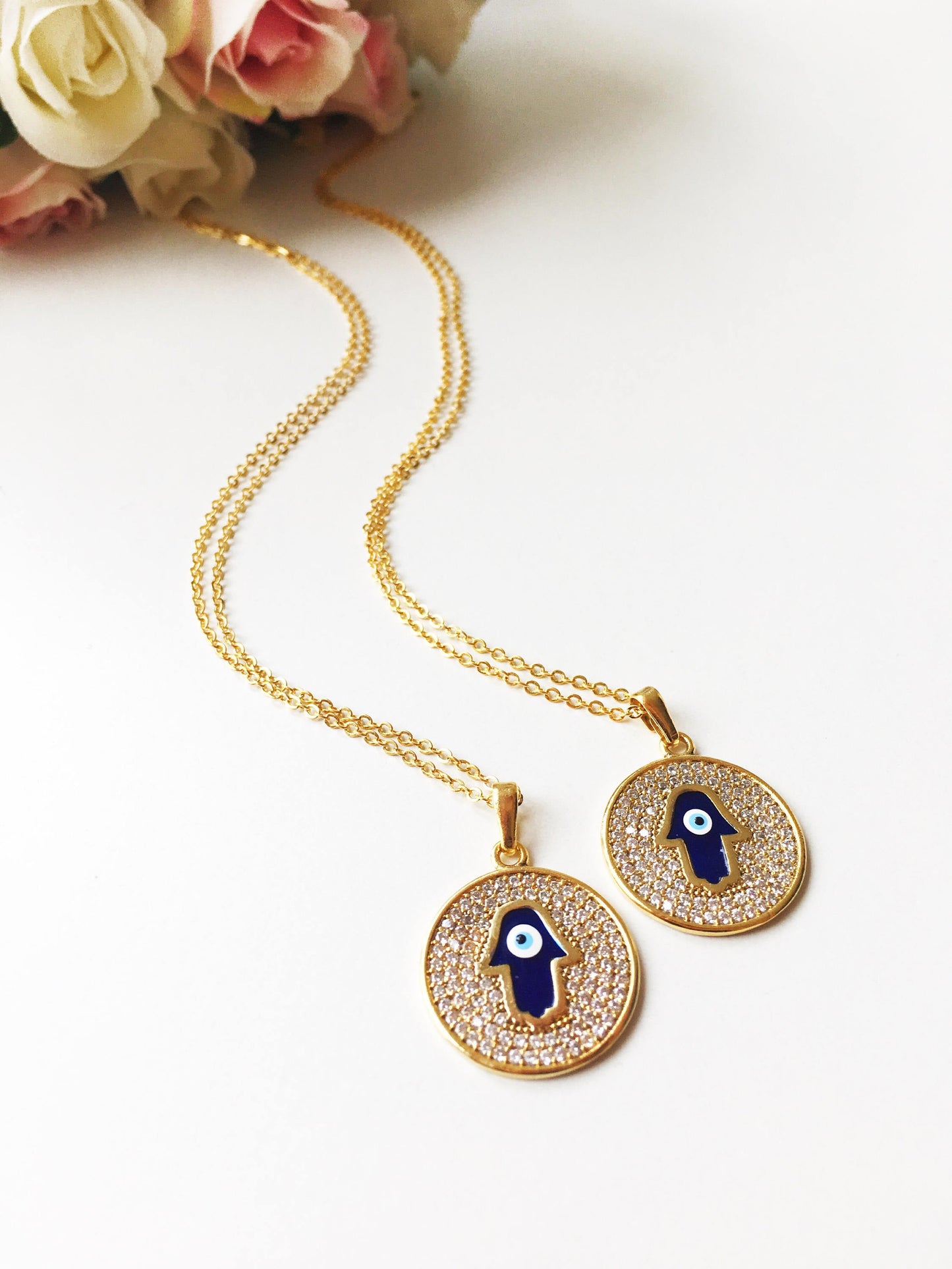 Zircon Evil Eye Necklace with Hamsa Hand