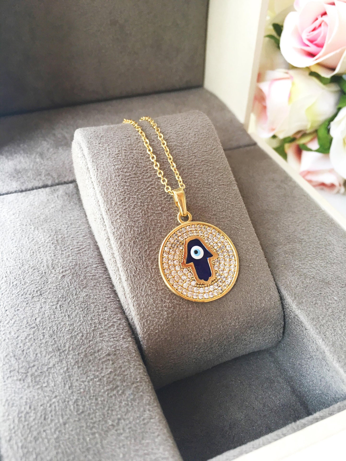 Zircon Evil Eye Necklace with Hamsa Hand