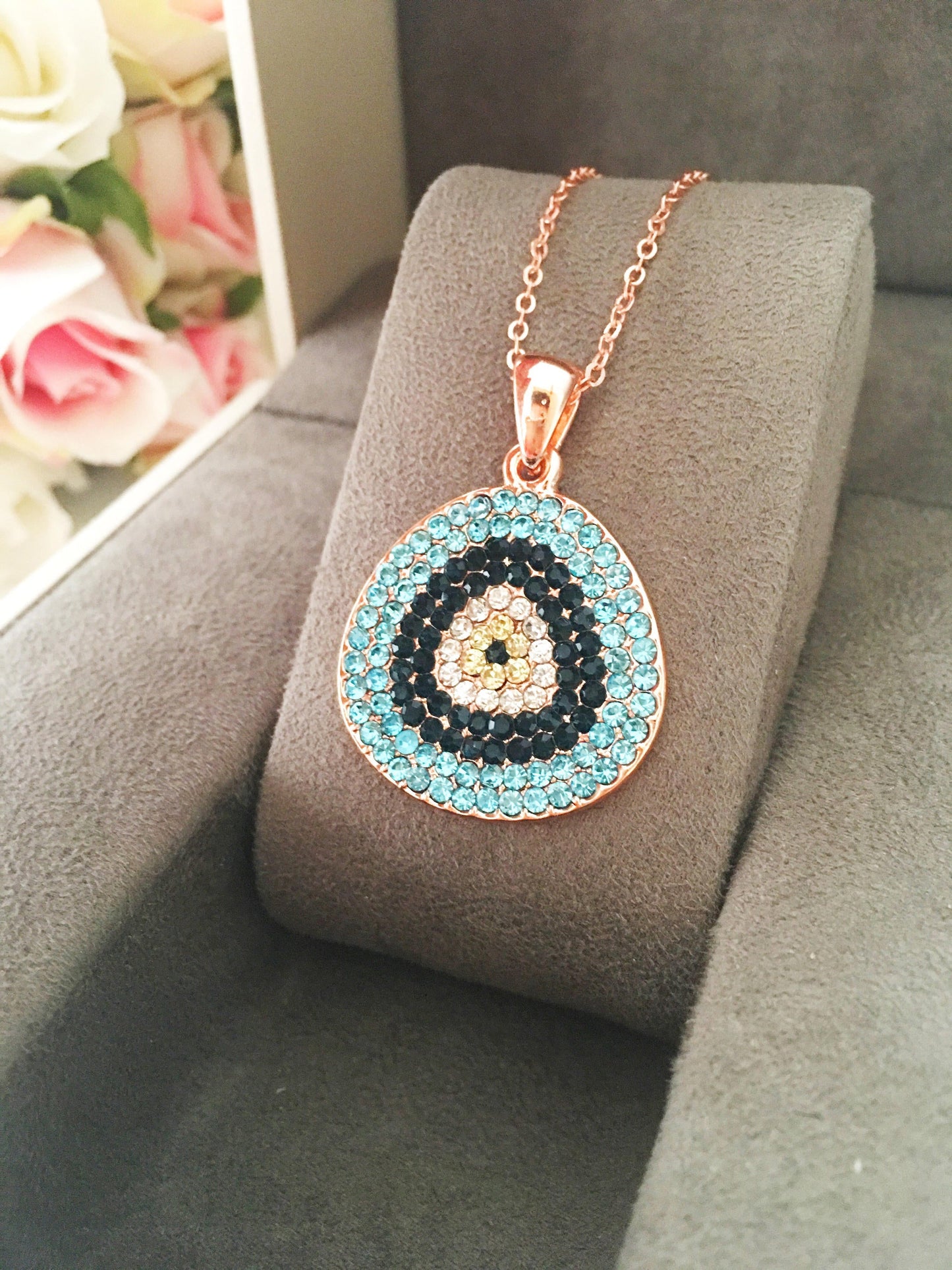 Evil eye necklace, rose gold necklace, evil eye jewelry, zirconia