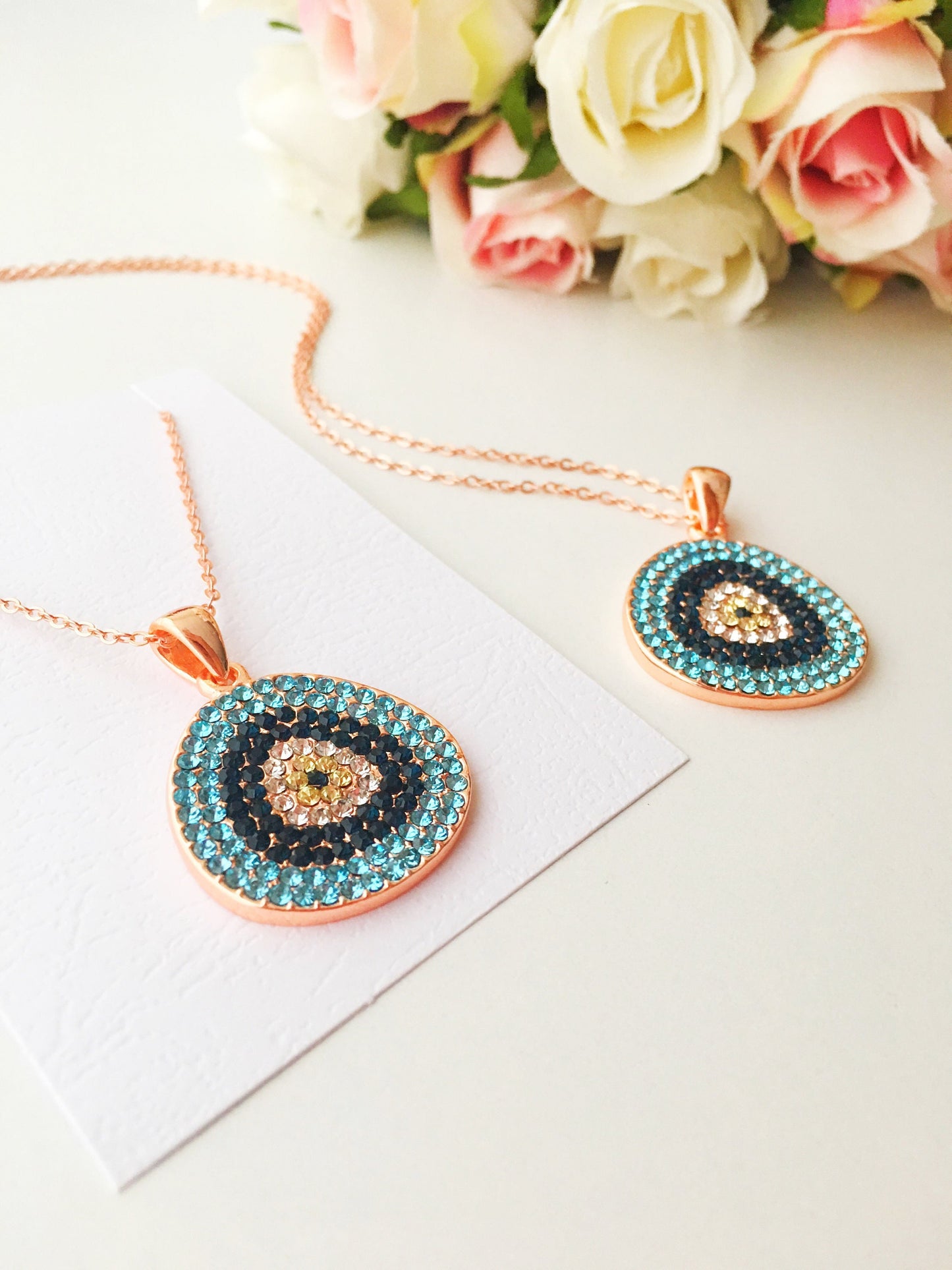 Evil eye necklace, rose gold necklace, evil eye jewelry, zirconia