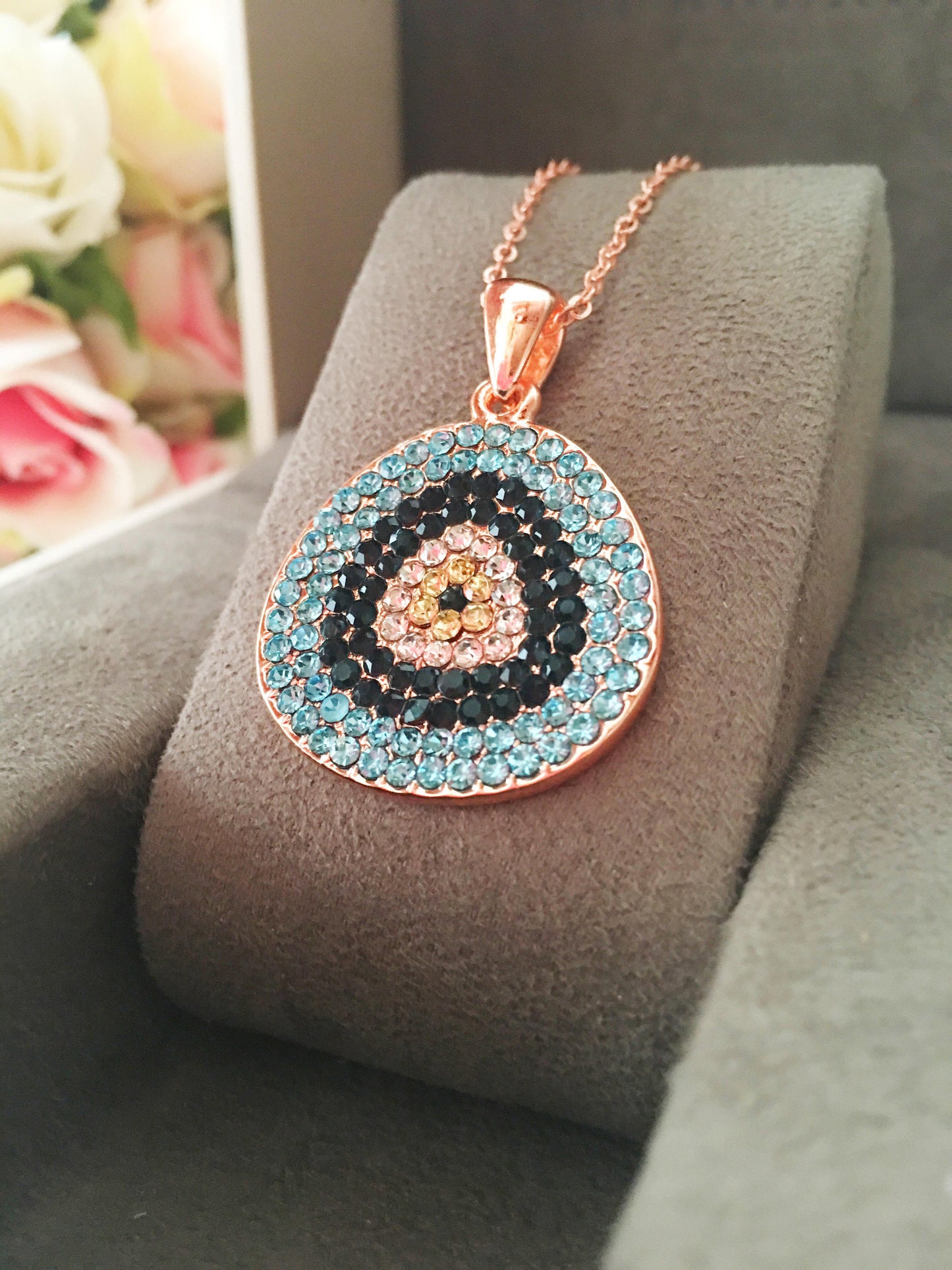 Evil eye necklace, rose gold necklace, evil eye jewelry, zirconia