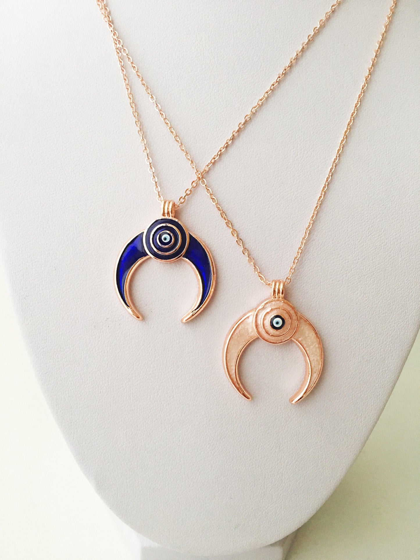 Double Horn necklace, Evil Eye necklace, Crescent Moon necklace