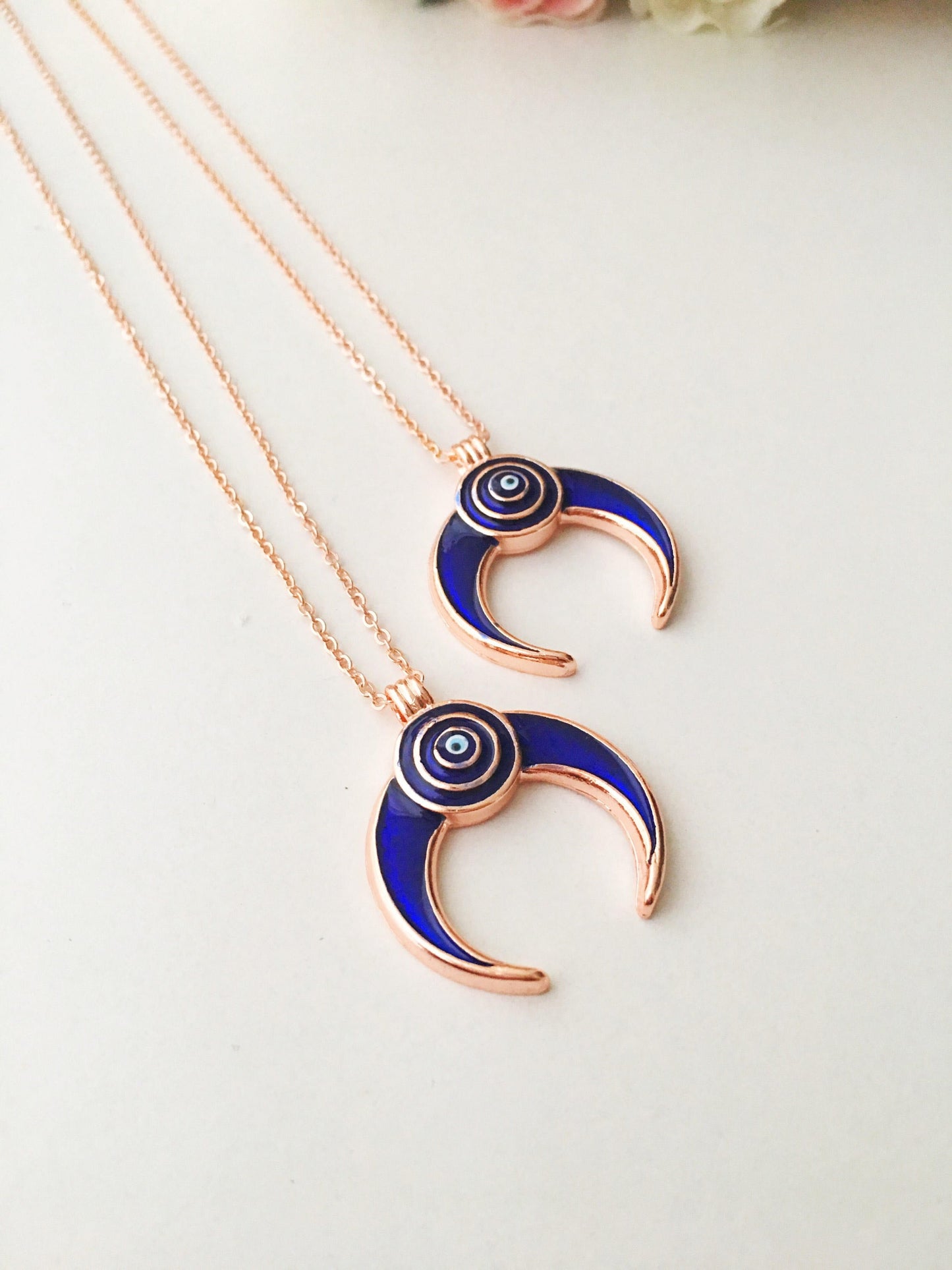 Double Horn necklace, Evil Eye necklace, Crescent Moon necklace