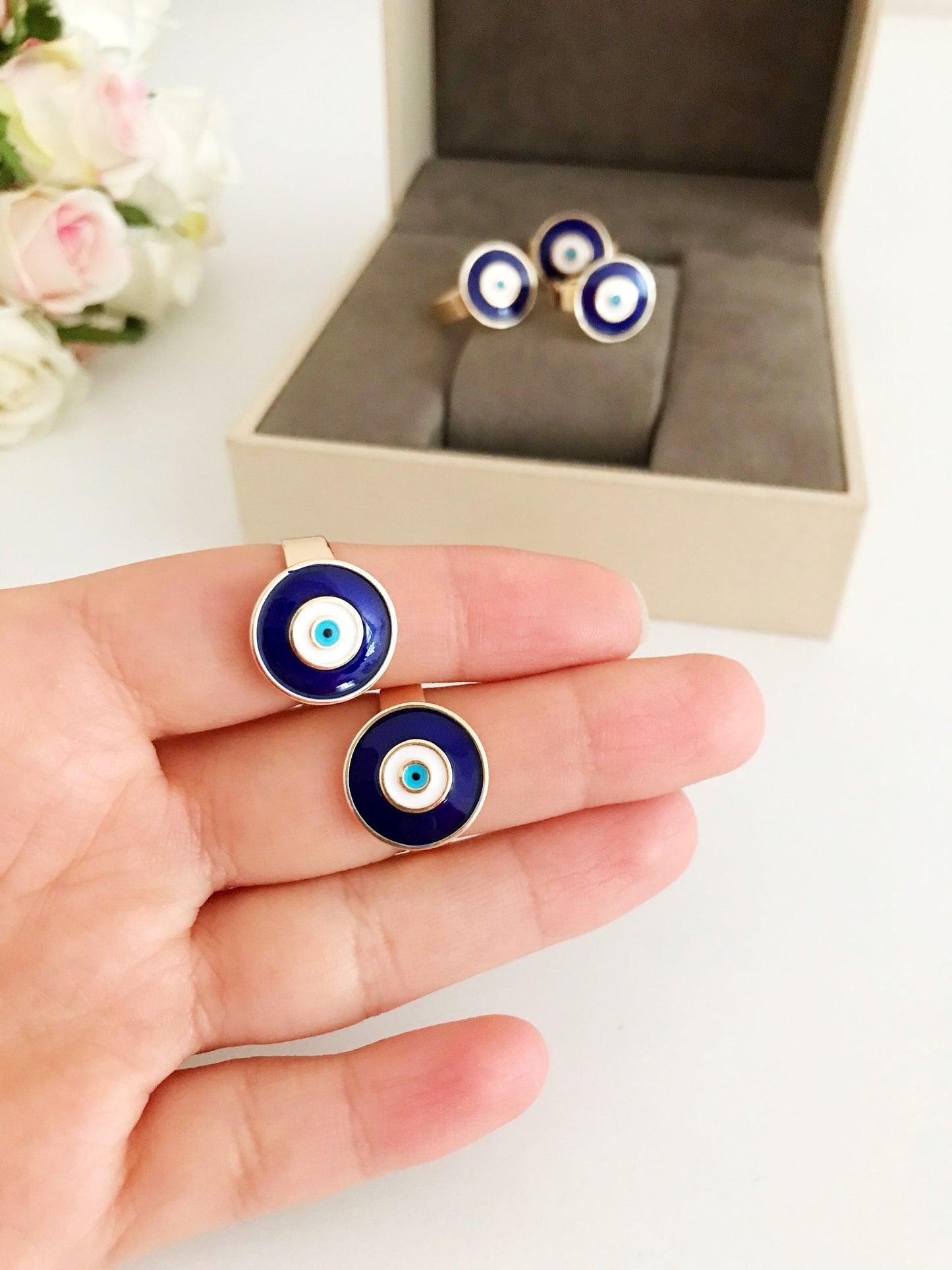 Adjustable blue evil eye ring