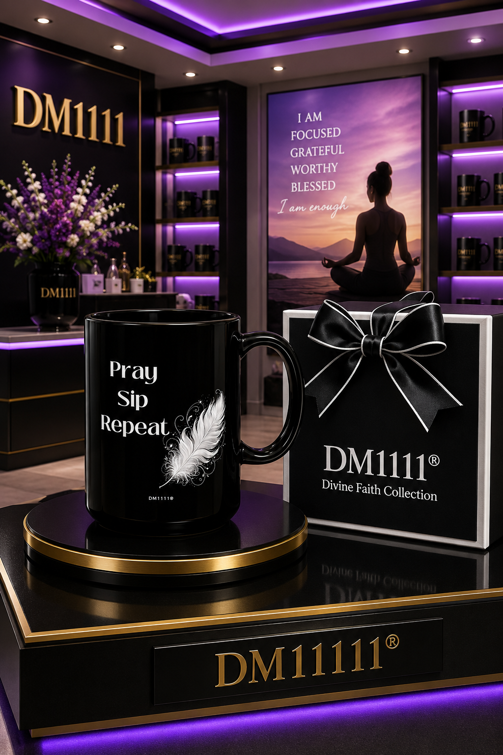 "Pray. Sip. Repeat." Divine Faith mug (Black, 11oz/15oz)