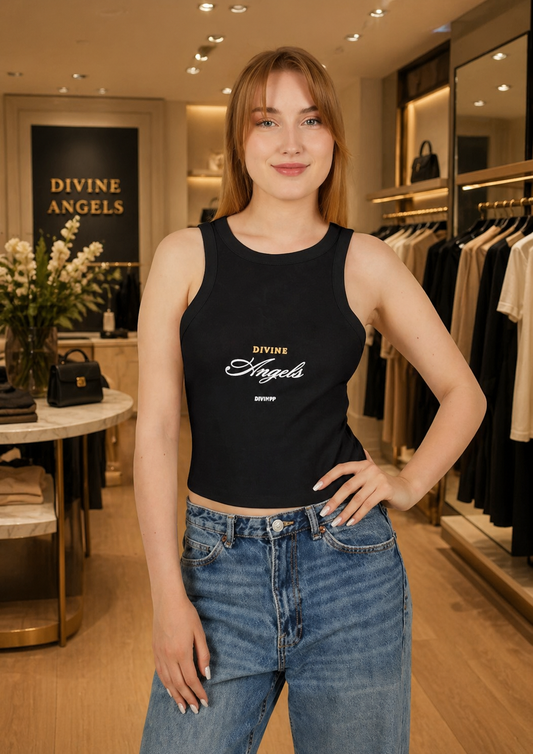 Ribbed Racer Tank — “Divine Angels” Script Cropped Tank Top