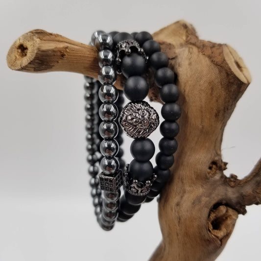 Lion Black Frosted Hematite Stone Bead Bracelet Set